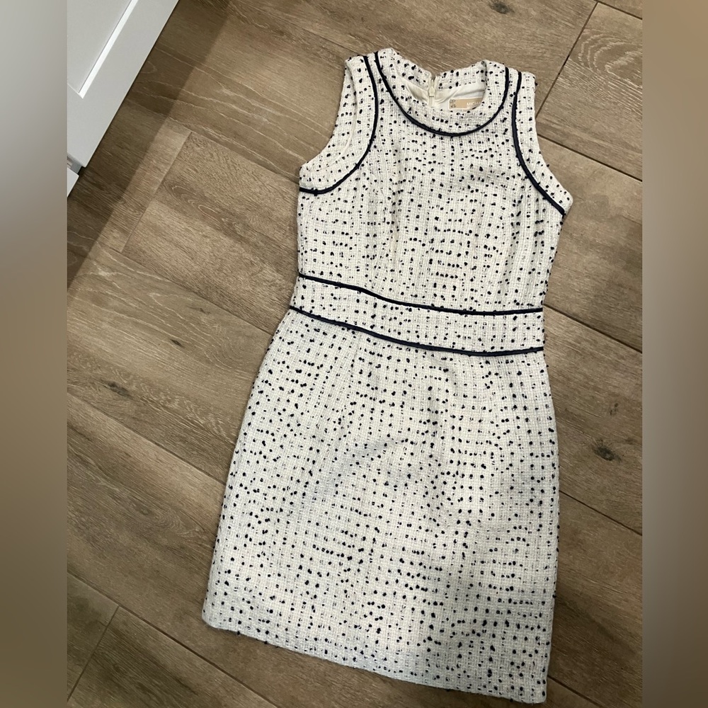 Michael Kors White Tweed Mini Dress with Navy Trim